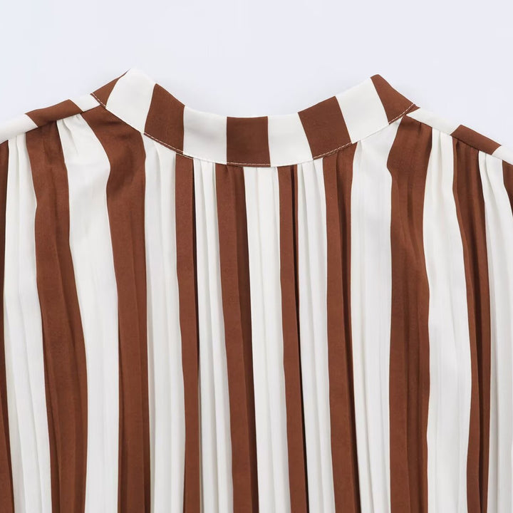 Women's Striped Midi Dress with Stand-up Collar, Tailored Belt and Flared A-Line Skirt Mune Fashion