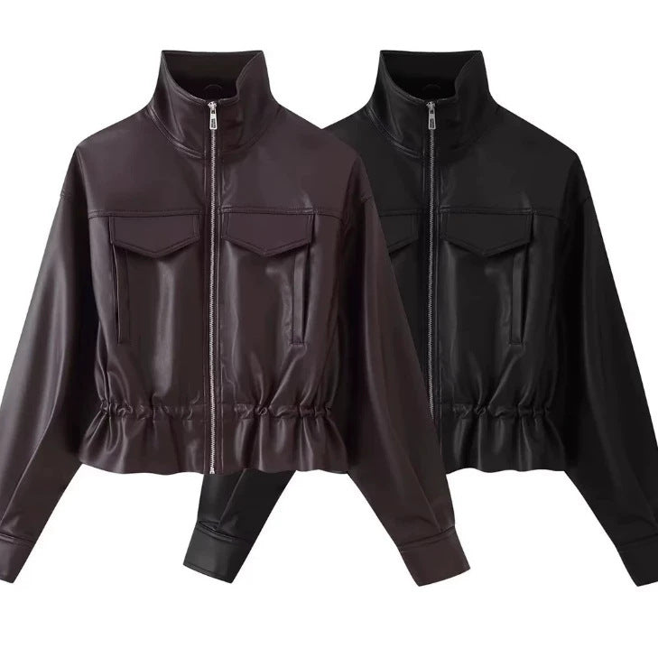 Women cropped faux leather jacket with stand collar, zipper and tailored smocking Mune Fashion