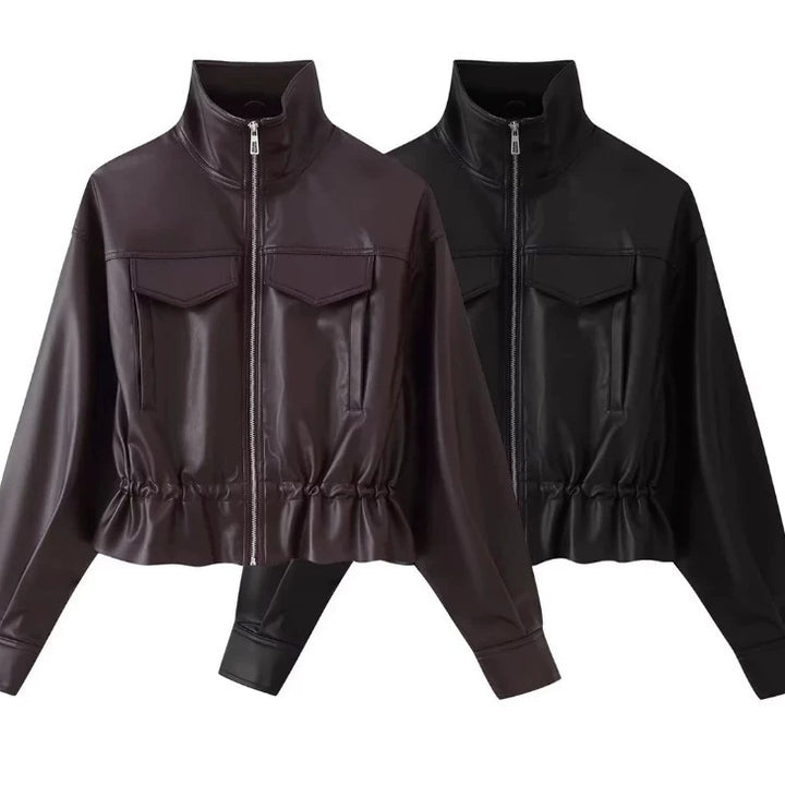 Women cropped faux leather jacket with stand collar, zipper and tailored smocking Mune Fashion
