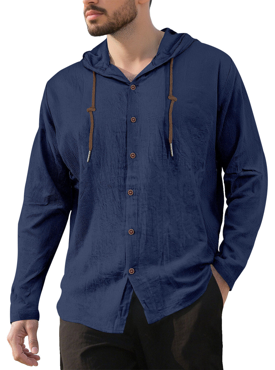 Men's textured linen blend hooded shirt with button placket, wood buttons, and side slits Mune Fashion