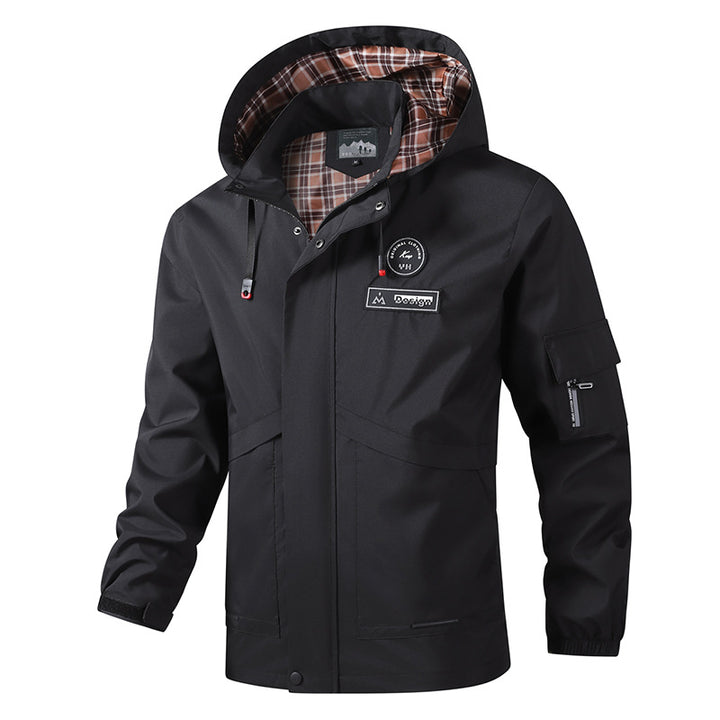 Men's lightweight waterproof hoodie jacket with plaid-lined inner lining, multiple pockets, and adjustable hood Mune Fashion
