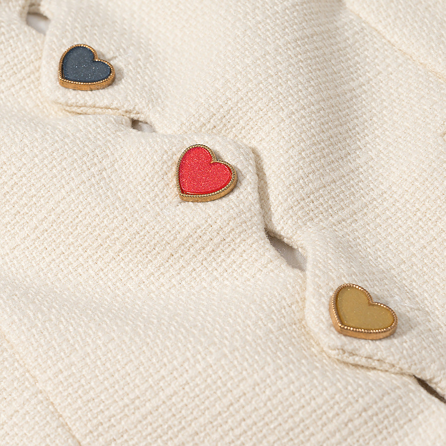 Women nan cropped Bouclé jacket with wavy button placket and heart appliqués Mune Fashion