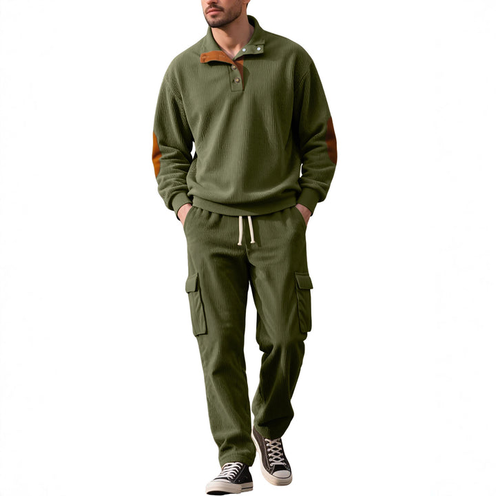 Men's structured turtleneck pullover with stand-up collar, press stud placket, and velour elbow patches Mune Fashion