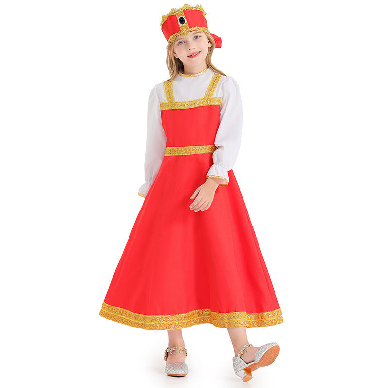 Girl Fairy Tale Costume with Elegant Ruffles and Golden Accents Mune Fashion