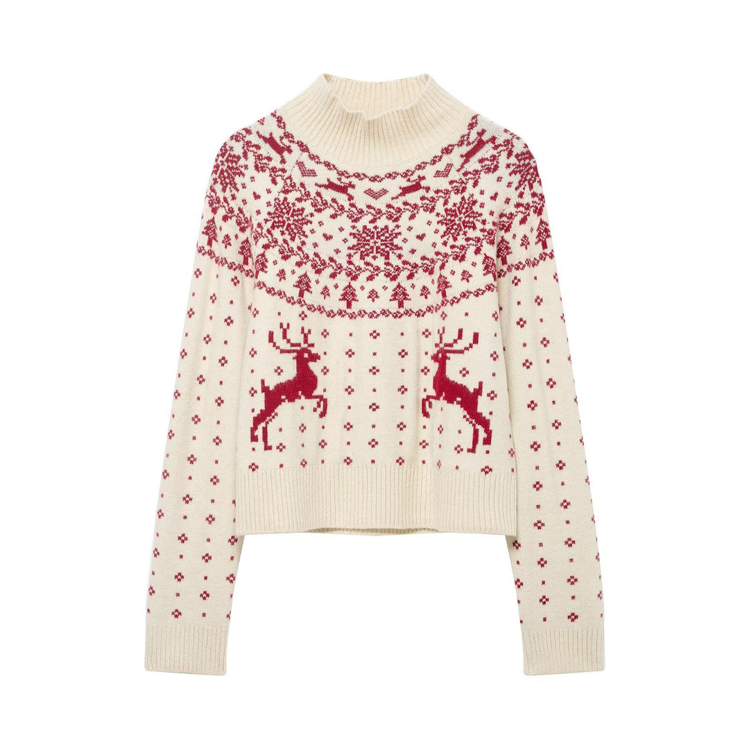 Women's short Norwegian knit sweater with high ribbed collar and reindeer motif Mune Fashion