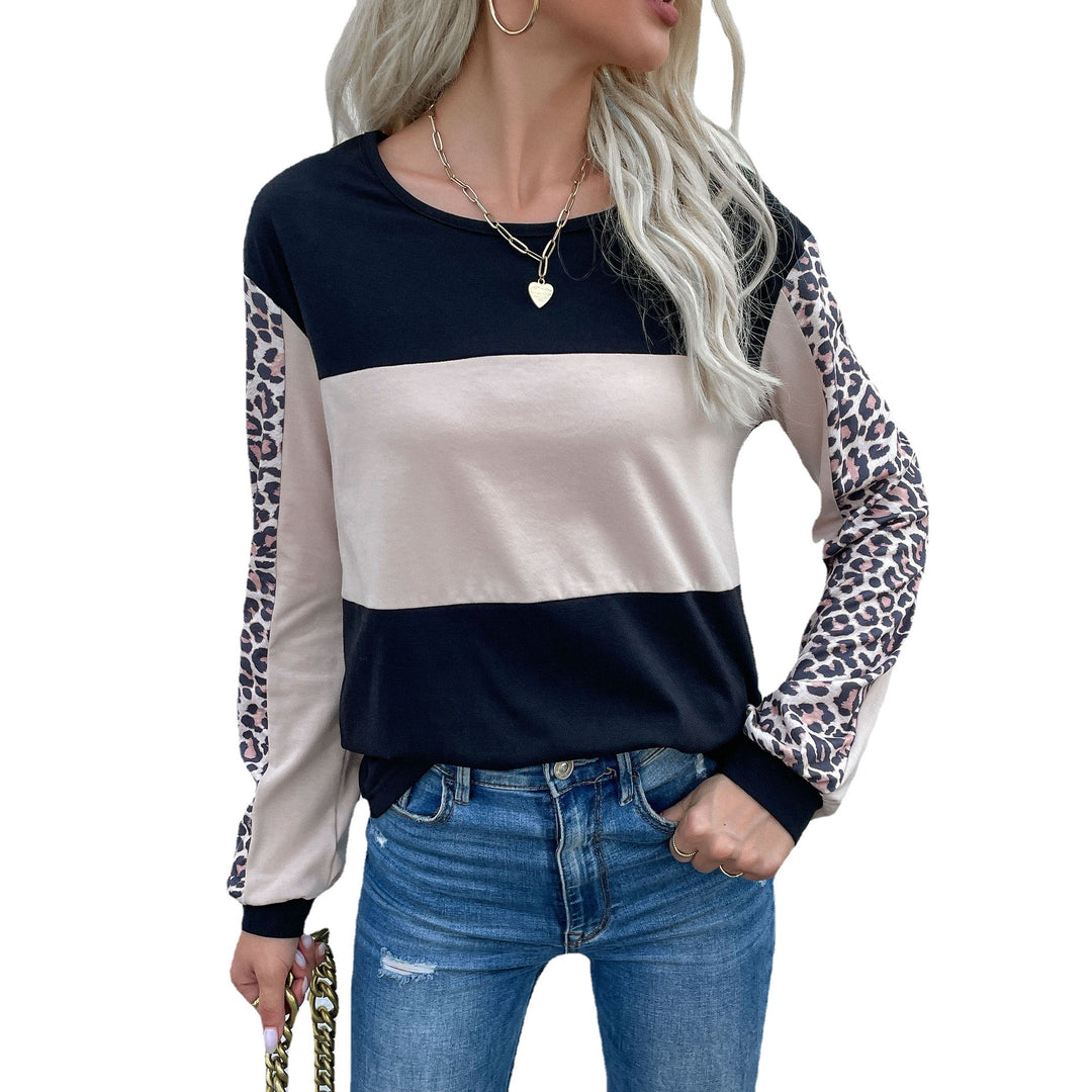 Women's Colorblock Long Sleeve with Leopard Print Sleeves and Ribbed Cuffs Mune Fashion