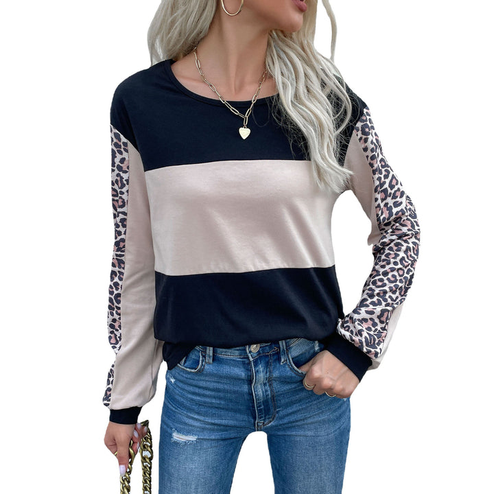 Women's Colorblock Long Sleeve with Leopard Print Sleeves and Ribbed Cuffs Mune Fashion