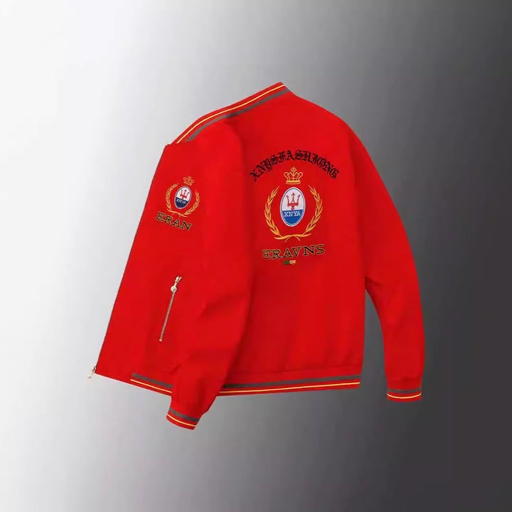 Men's stick detail bomber jacket in retro crest style with emblem embroidery and zipper arm pocket Mune Fashion