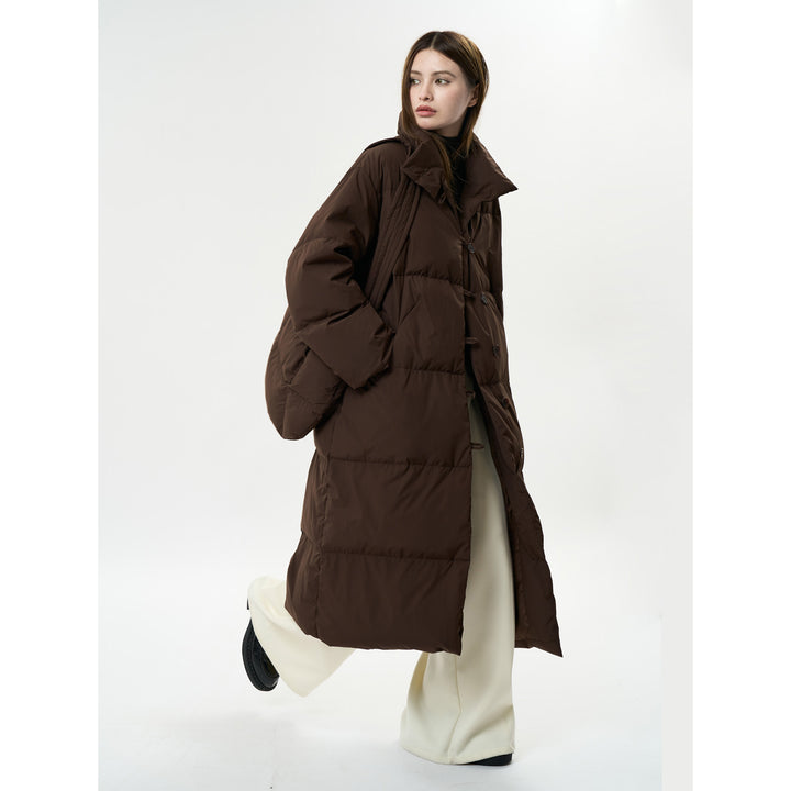Women's Longer Quilted Down Look Coat with High Stand-Up Collar and Button Toggle Closure Mune Fashion