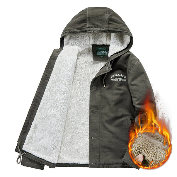 Men's Outdoor Canvas Jacket with Full Sherpa Lining, Hood and Thermal Insulation Mune Fashion