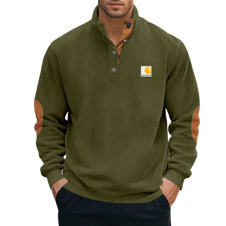 Men's knitted pullover in Troyer style with stand-up collar leather trim snap button placket and elbow patches Mune Fashion