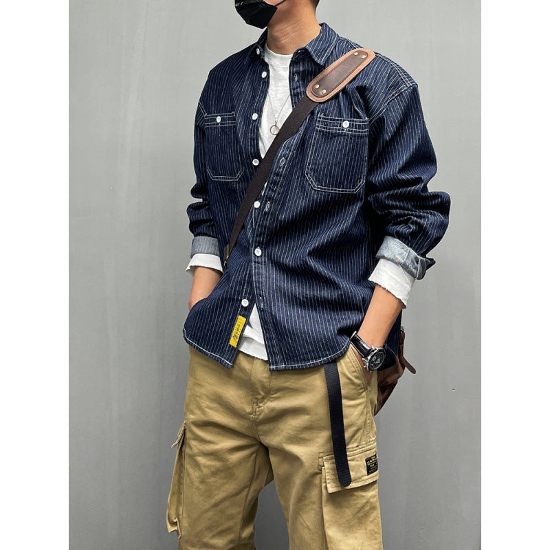 Men's Casual Denim Shirt Jacket with Stripes Mune Fashion
