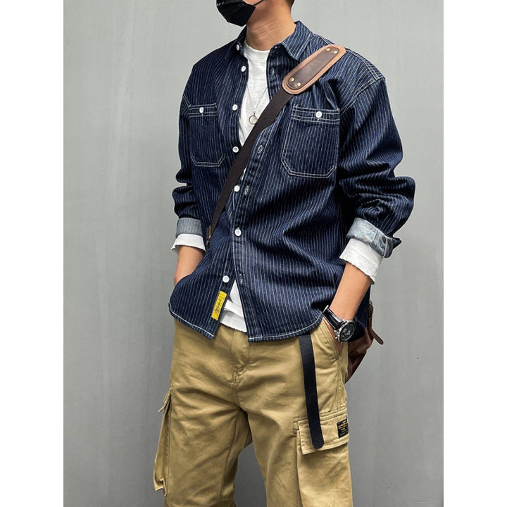 Men's Casual Denim Shirt Jacket with Stripes Mune Fashion