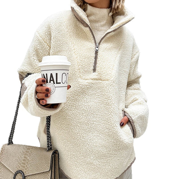 Women's Oversized Sherpa-Fleece Pullover with Half Zipper and Kangaroo Pocket Mune Fashion