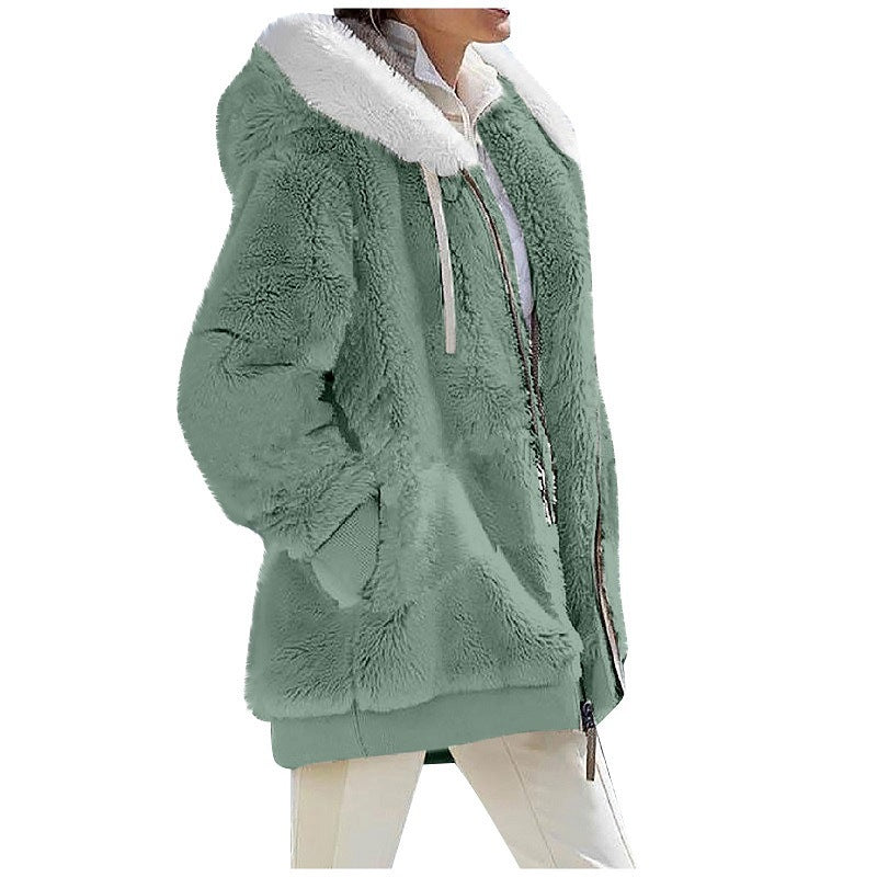 Ladies Cozy Teddy Hoodie Jacket with Contrast Trim, Zipper and Insert Pockets Mune Fashion