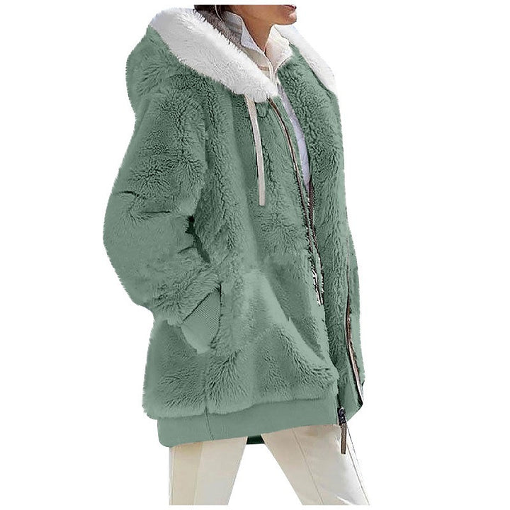 Ladies Cozy Teddy Hoodie Jacket with Contrast Trim, Zipper and Insert Pockets Mune Fashion