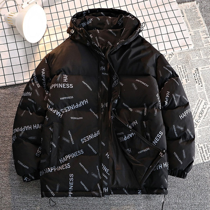 Men's Printed Padded Hooded Jacket with Contrasting Shoulder Yoke and Drawstring Mune Fashion
