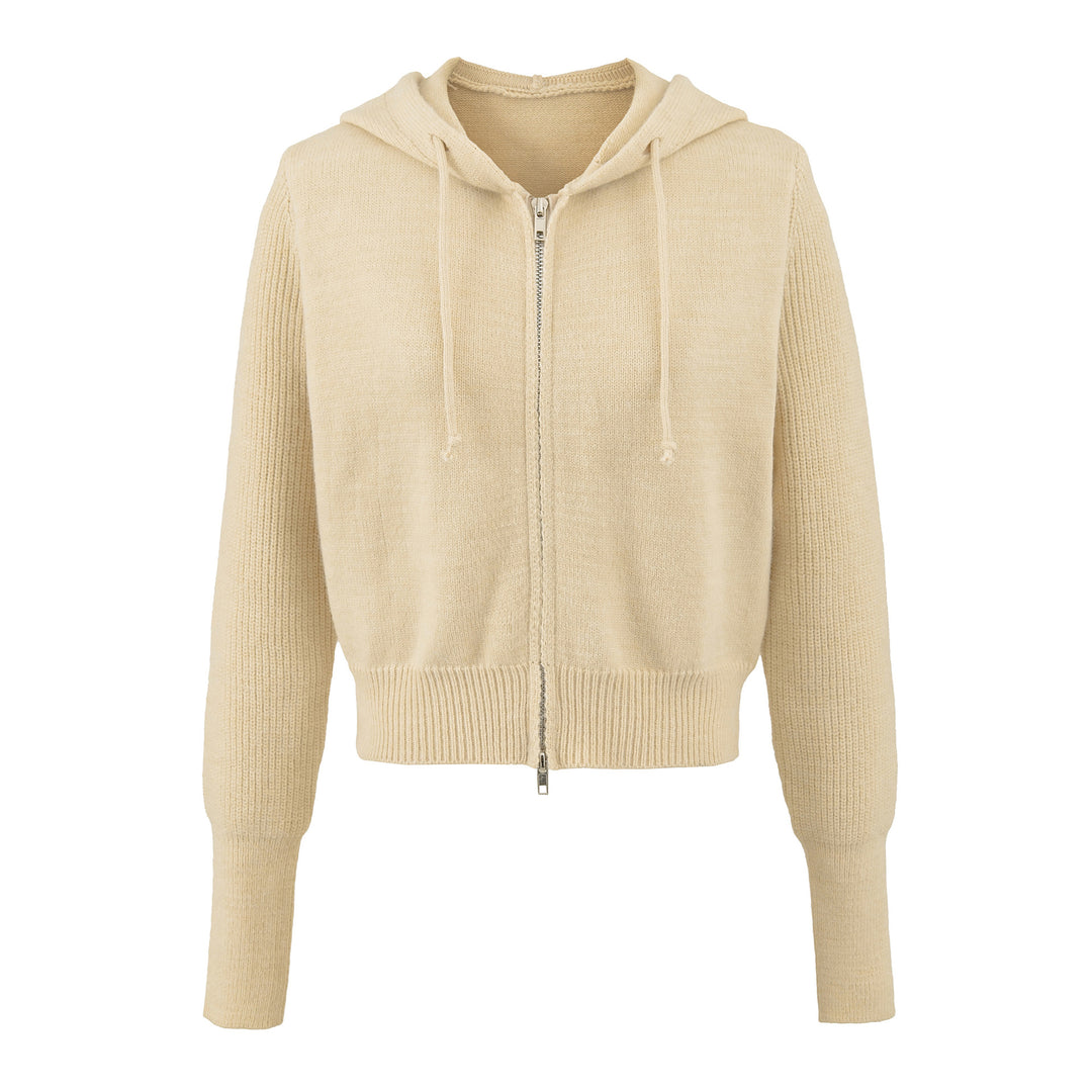 Women's Short Hooded Cardigan with Zipper and Fitted Ribbed Hem Mune Fashion