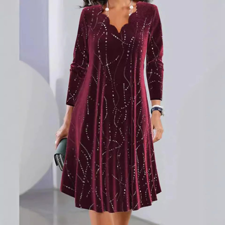 Women's nano velvet A-line dress with curved neckline, long sleeves, and rhinestone embellishment Mune Fashion
