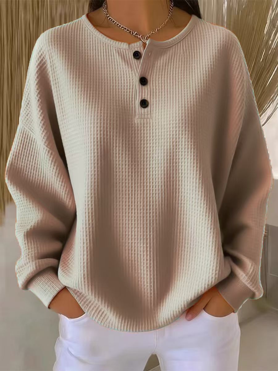 Women's Oversized Waffle Knit Henley Sweater with Button Placket and Rounded Hem Mune Fashion