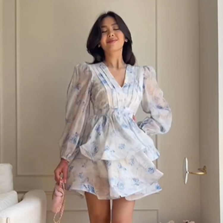 Women's Floral Chiffon Mini Dress with V-Neck, Ruched Waist and Layered Ruffle Skirt Mune Fashion