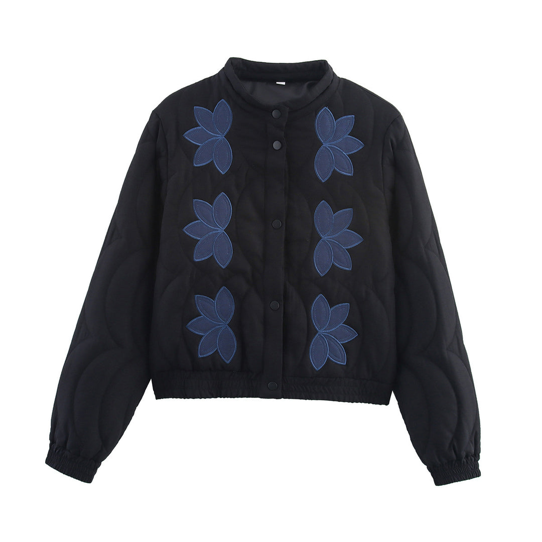 Women's Short Cut Quilted Jacket with Flower Applique and Stand-Up Collar Mune Fashion