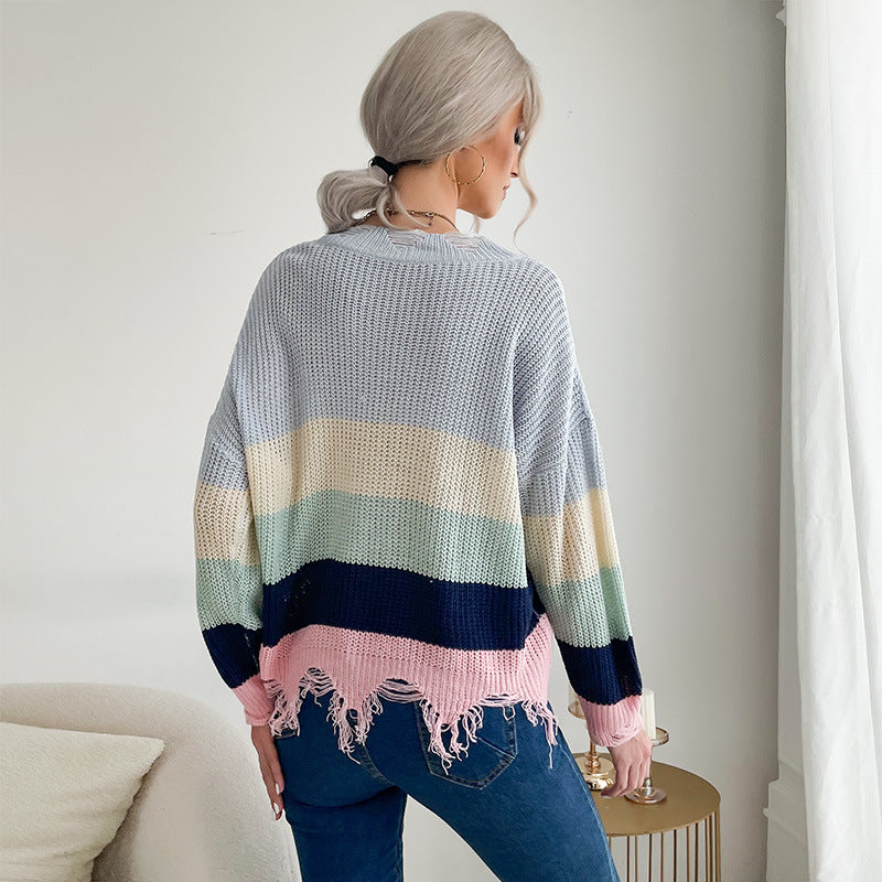Women's Oversized Knit Sweater with V-Neck, Striped Pattern and Frayed Hem Mune Fashion