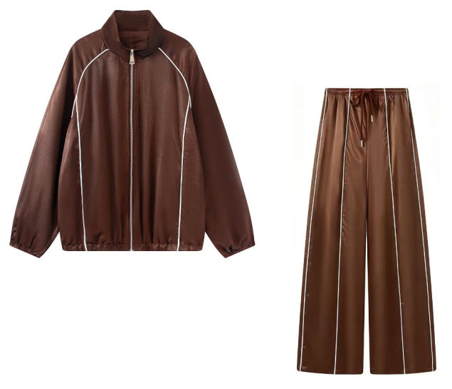 Women's Two-Piece Satin Training Set with Zip Jacket and Wide Track Pant Mune Fashion