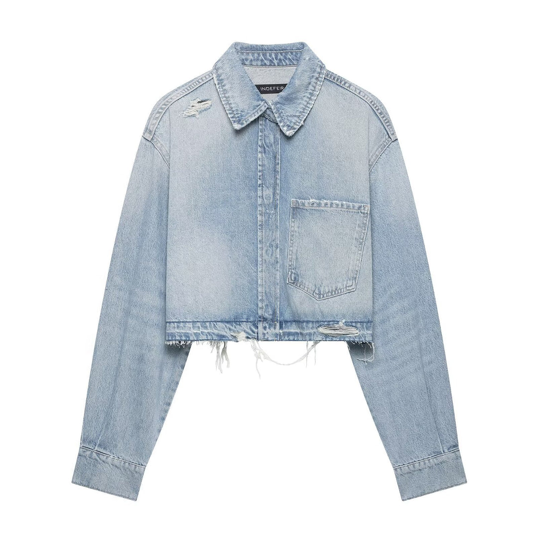 Women's Cropped Denim Jacket in Used-Look with Frayed Hem and Oversized Sleeves Mune Fashion