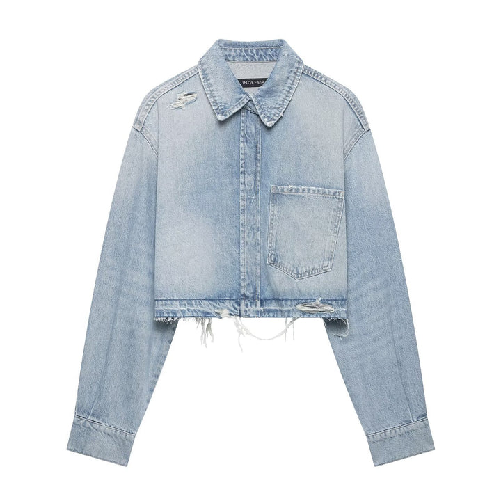Women's Cropped Denim Jacket in Used-Look with Frayed Hem and Oversized Sleeves Mune Fashion