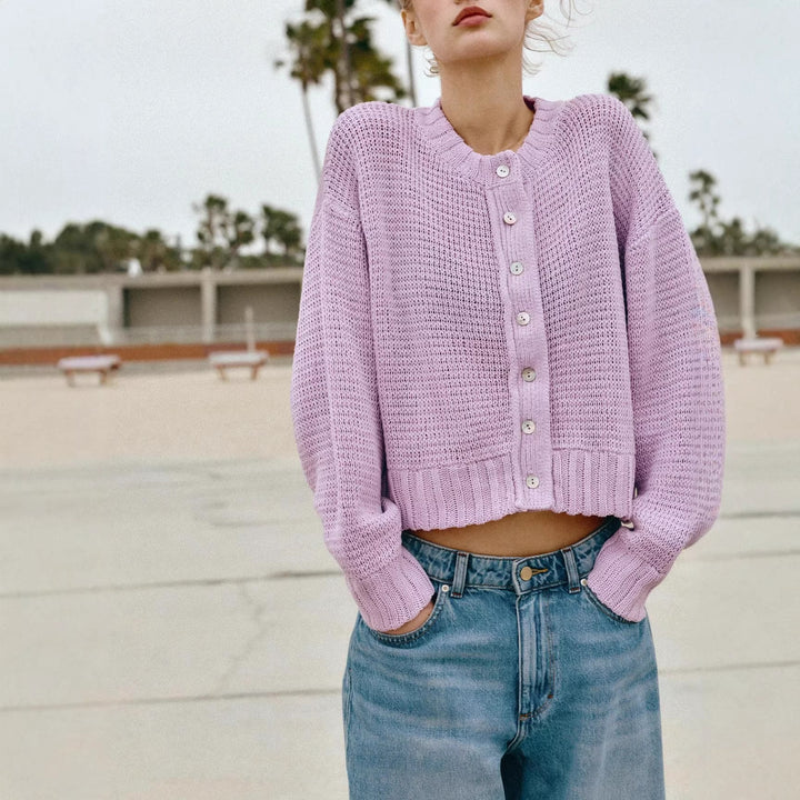 Women's Loose Cropped Cardigan with Button Placket and Open Structure Drune