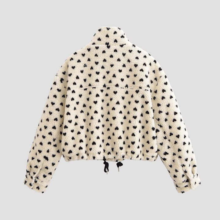 Women's teddy jacket with stand-up collar, heart all-over and drawstring hem Mune Fashion