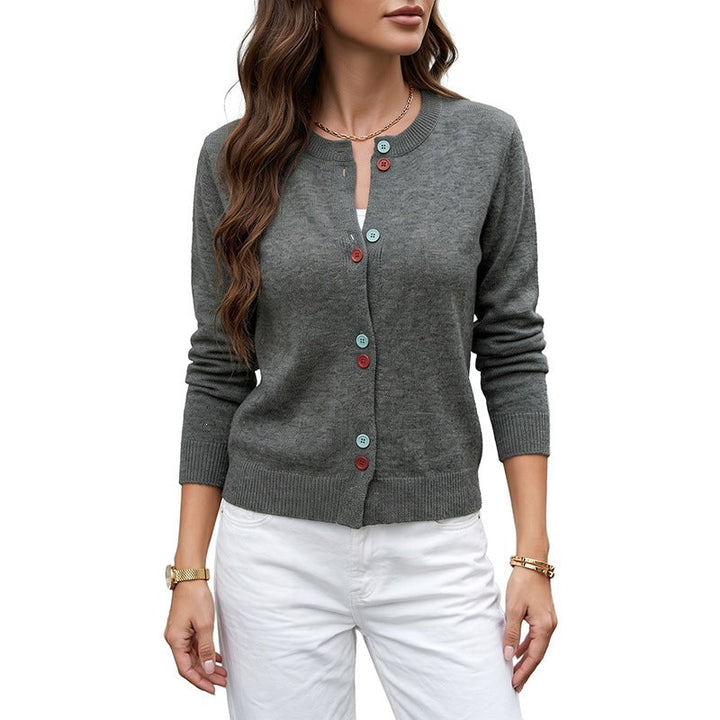 Women's fine knit cardigan with contrast colored buttons and round neck Mune Fashion