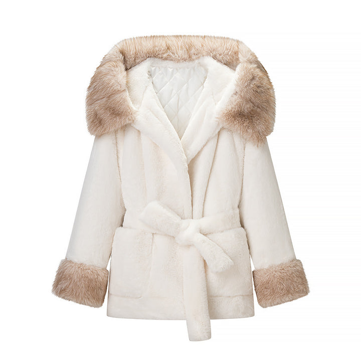 Women's Short Teddy Faux Fur Coat with Hood, Quilted Lining and Ties Mune Fashion