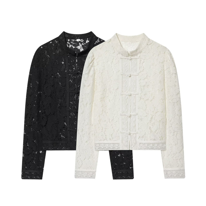 Women's lace jacket with mandarin collar and decorative frog closures Mune Fashion