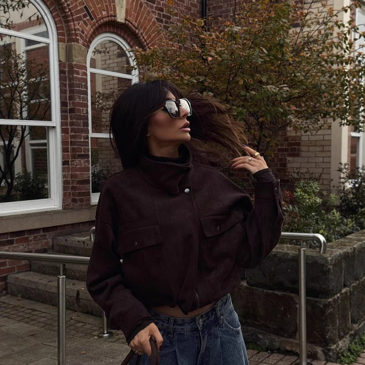 Ladies Short Boxy Jacket in Suede Look with High Funnel Neck Mune Fashion