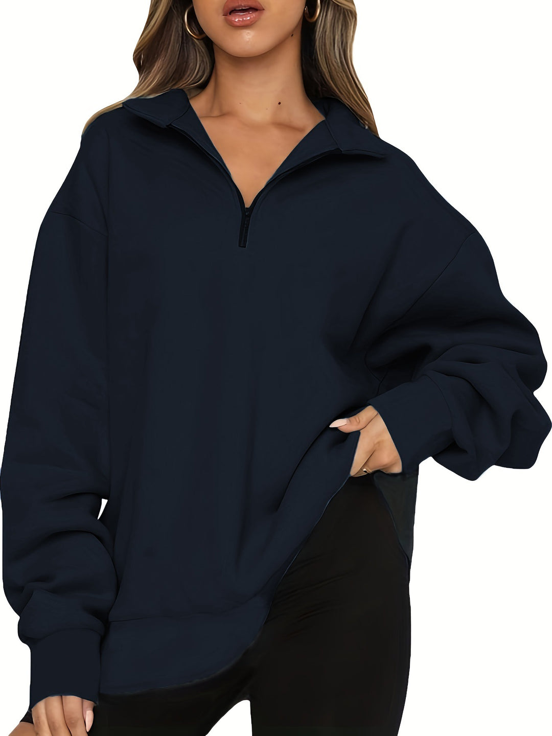 Women nan Oversized Sweatshirt with Short Zip, Stand-up Collar and Kangaroo Pocket Mune Fashion