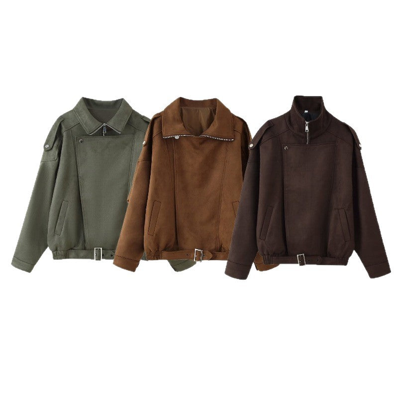 Women's short jacket in biker blouson style with belt and asymmetrical flap Mune Fashion