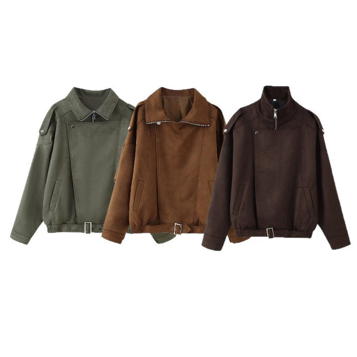 Women's short jacket in biker blouson style with belt and asymmetrical flap Mune Fashion