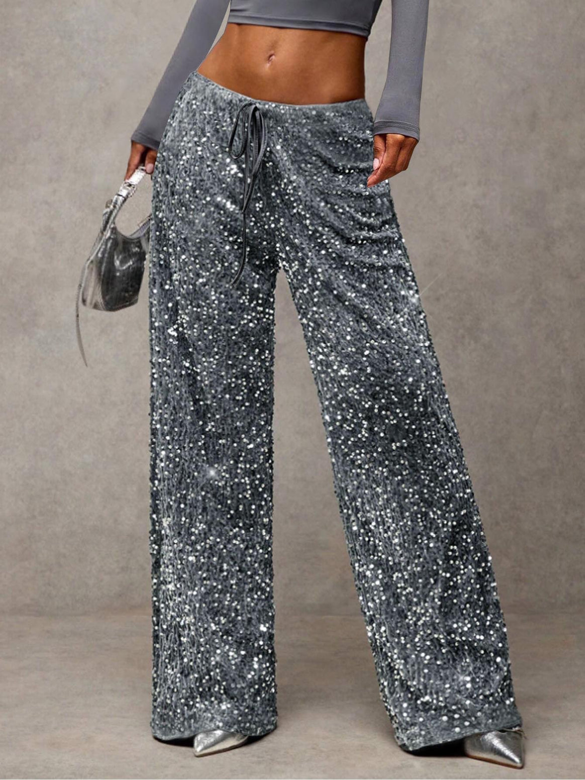 Women Sequin Palazzo Trousers with High Waist and Drawstring Mune Fashion