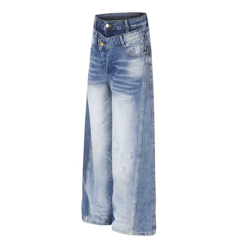 Women's jeans pants with wide culotte cut, asymmetrical double waistband and contrast side panels Mune Fashion