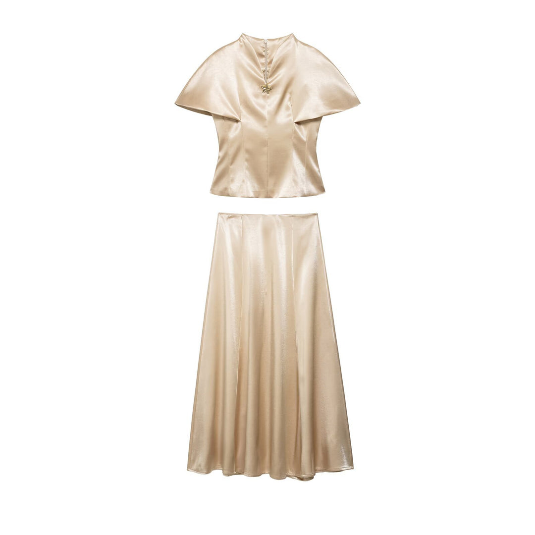 Women's Two-Piece Satin Set with Cape Top and Flowing A-Line Skirt Mune Fashion