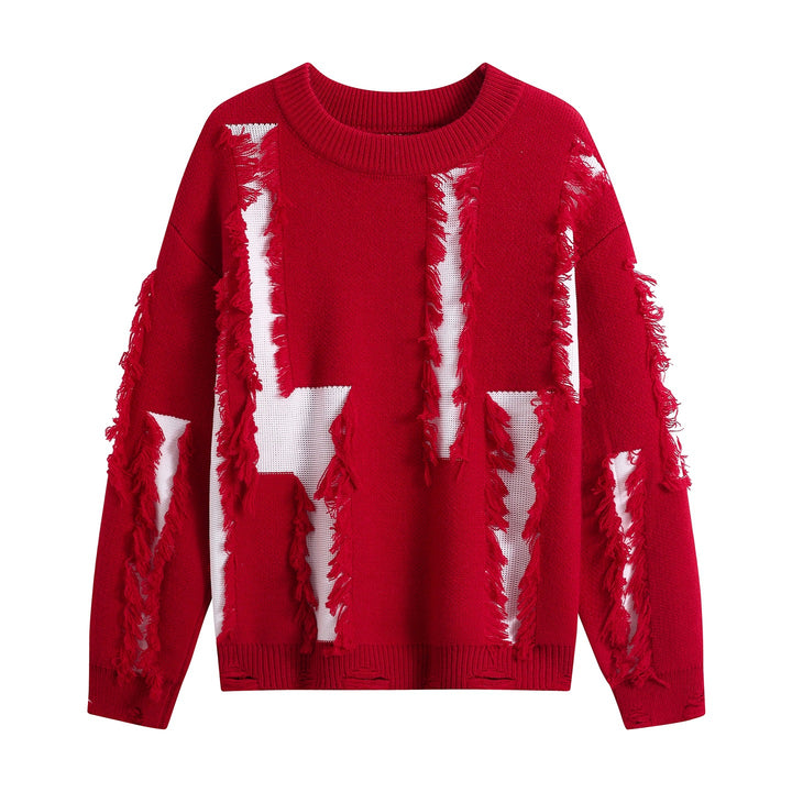 Women Oversize Knit Sweater with Fringe Applications and Destroyed Look Mune Fashion