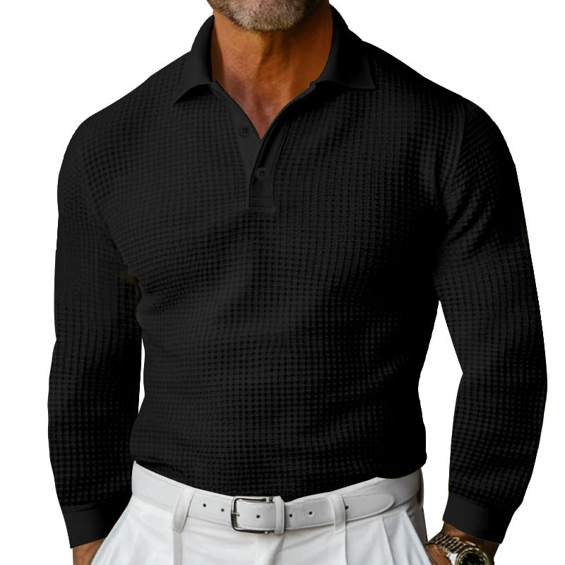 Men's Waffle Structure Polo Shirt with Long Sleeves, Slim Fit and Kent Collar Mune Fashion