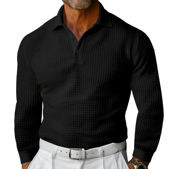 Men's Waffle Structure Polo Shirt with Long Sleeves, Slim Fit and Kent Collar Mune Fashion