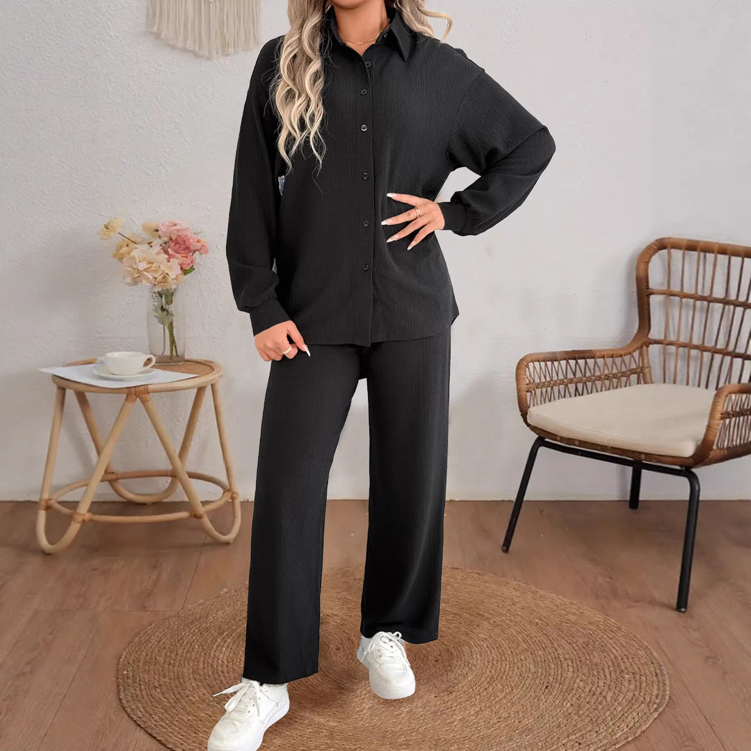 Women's Ribbed Oversized Shirt with Shirt Collar and Balloon Sleeves Drune