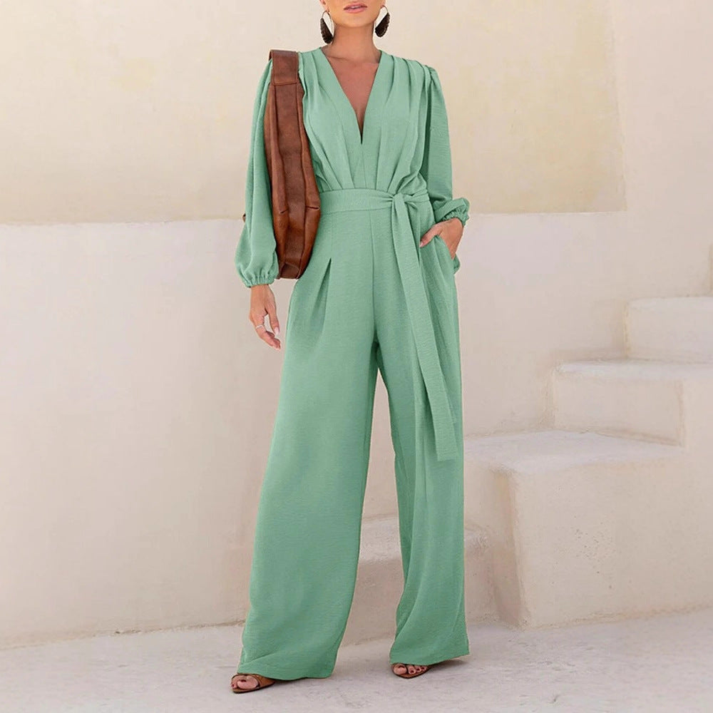 Women's Elegant Palazzo Jumpsuit with Deep V-Neck, Tie Belt and Balloon Sleeves Drune