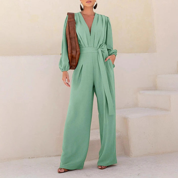 Women's Elegant Palazzo Jumpsuit with Deep V-Neck, Tie Belt and Balloon Sleeves Drune