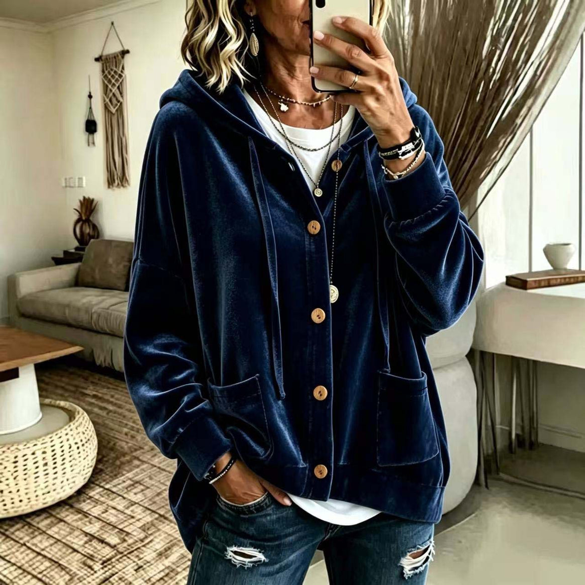 Women's Oversized Hooded Velvet Jacket with Button Placket and Patch Pockets Mune Fashion