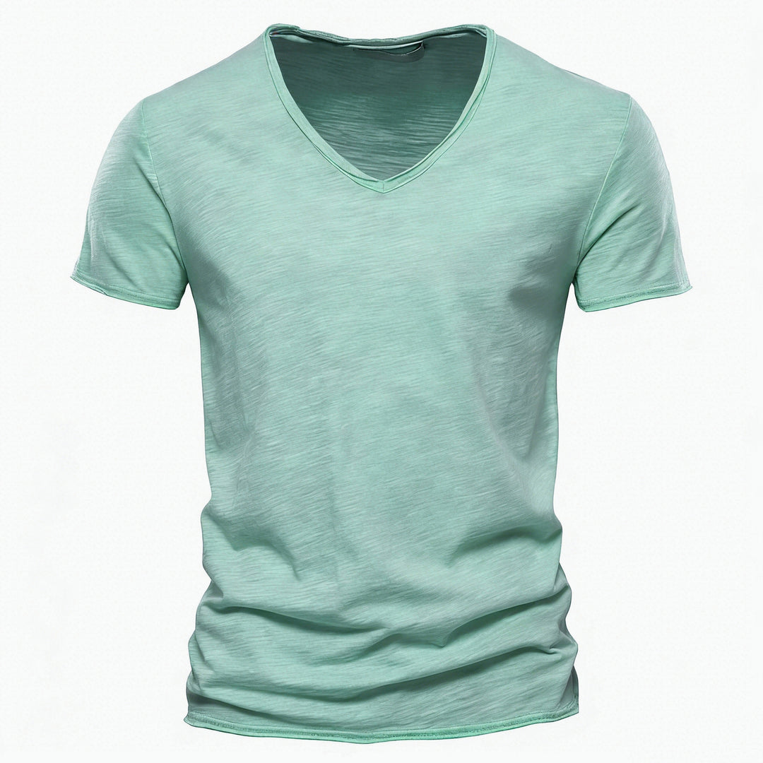 Men's light cotton jersey short-sleeve shirt with V-neck and slim fit Mune Fashion